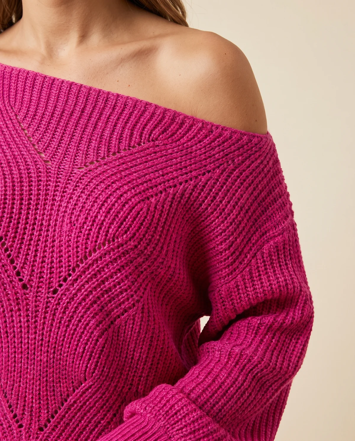 Off-Shoulder Lantern Sleeve Knit Jumper in Fuchsia, close-up of the detail