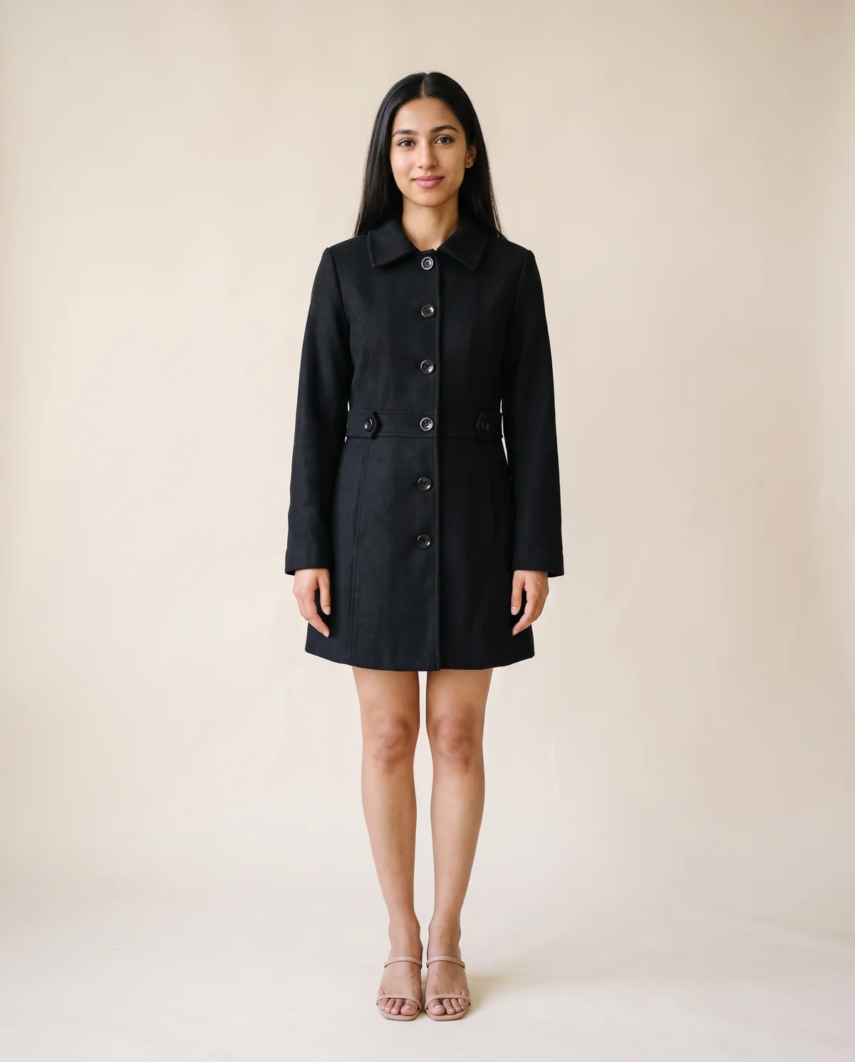 Button-Through Fitted Wool-Look Coat in Black, front view, worn by Priya