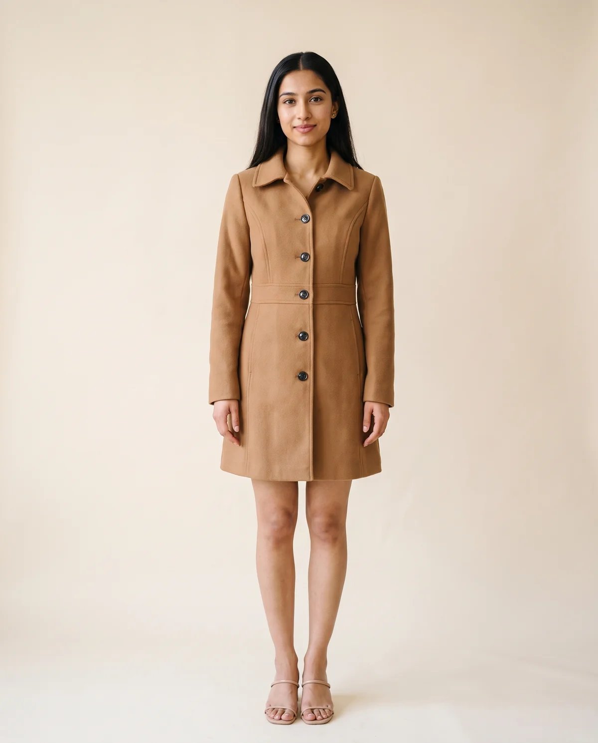 Button-Through Fitted Wool-Look Coat in Camel, front view, worn by Priya