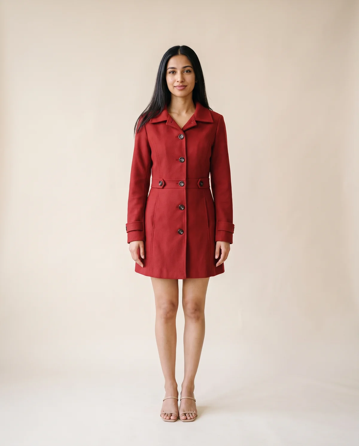 Button-Through Fitted Wool-Look Coat in Red, front view, worn by Priya