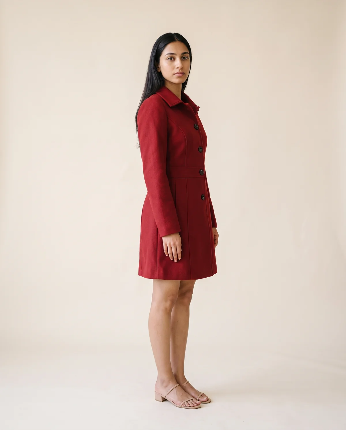 Button-Through Fitted Wool-Look Coat in Red, side view, worn by Priya