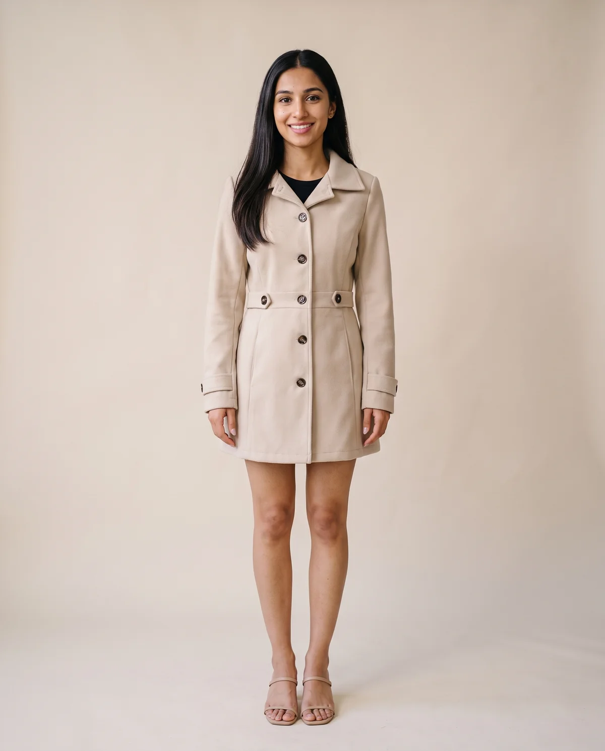 Button-Through Fitted Wool-Look Coat in Beige, front view, worn by Priya