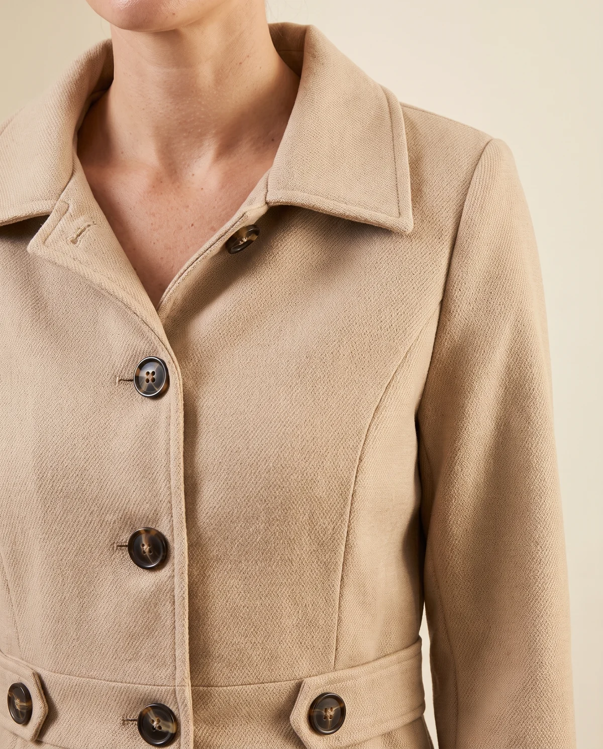 Button-Through Fitted Wool-Look Coat in Beige, close-up of the detail