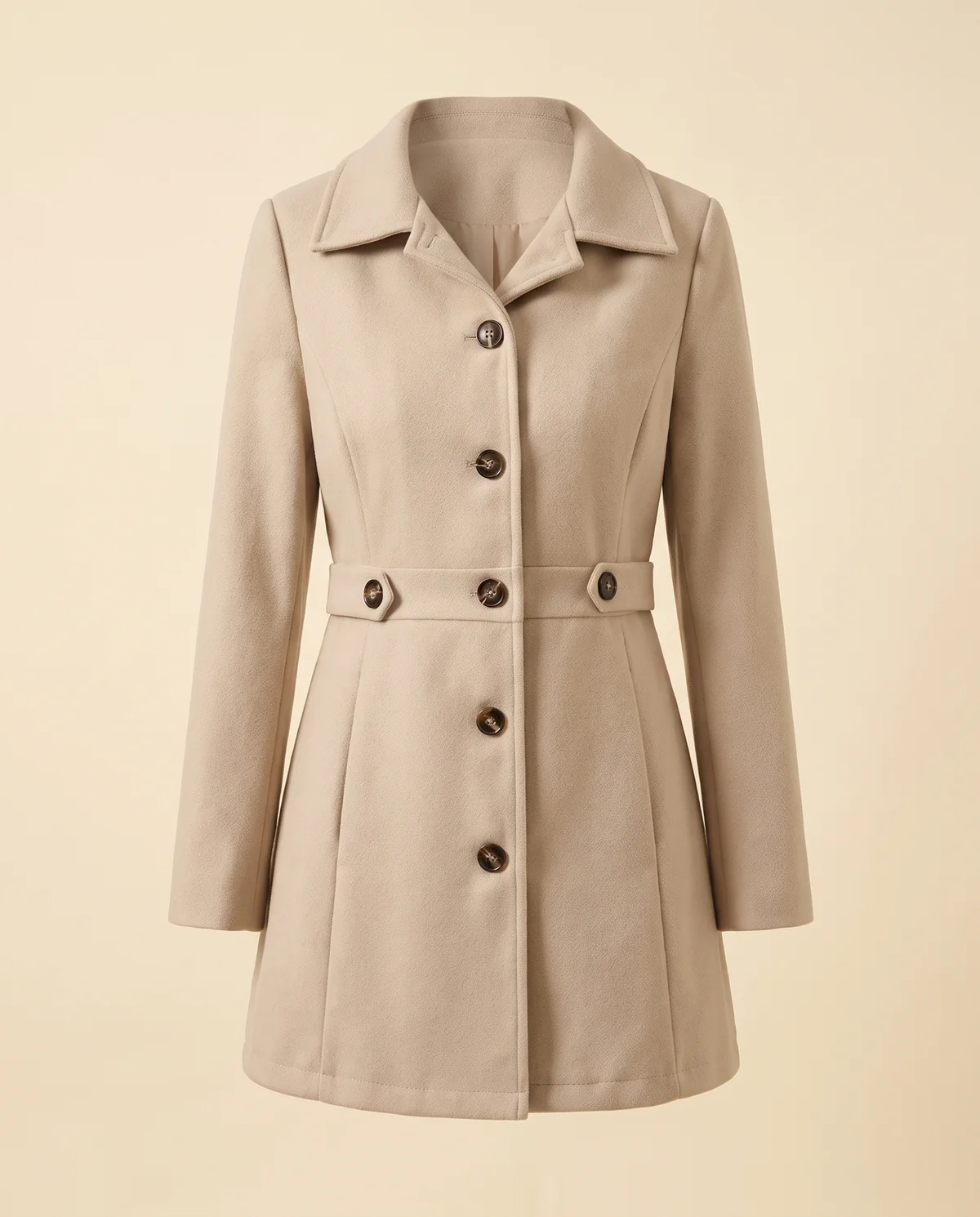 Button-Through Fitted Wool-Look Coat in Beige, product shot on a plain background