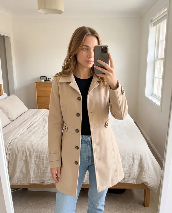 Satin Eve styling: Button-Through Fitted Wool-Look Coat
