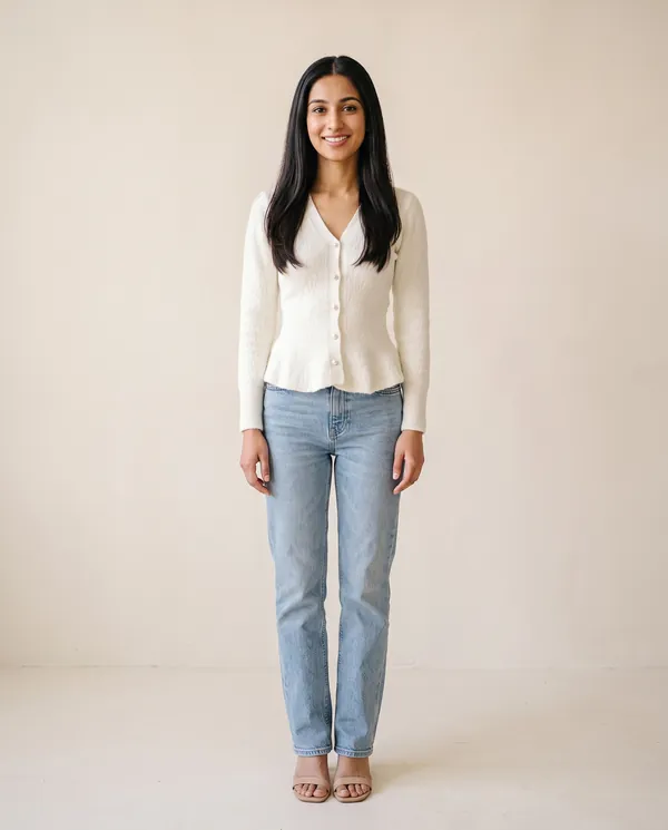 Pearl Button Peplum Cardigan in Ivory, front view, worn by Priya