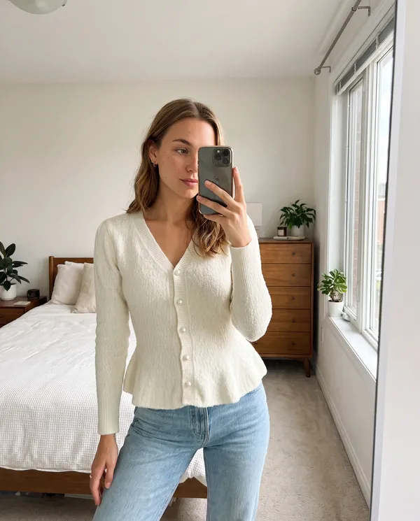 Satin Eve styling: Pearl Button Peplum Cardigan