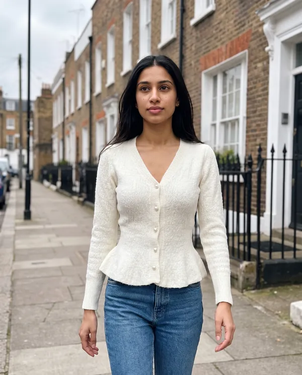 Satin Eve styling: Pearl Button Peplum Cardigan