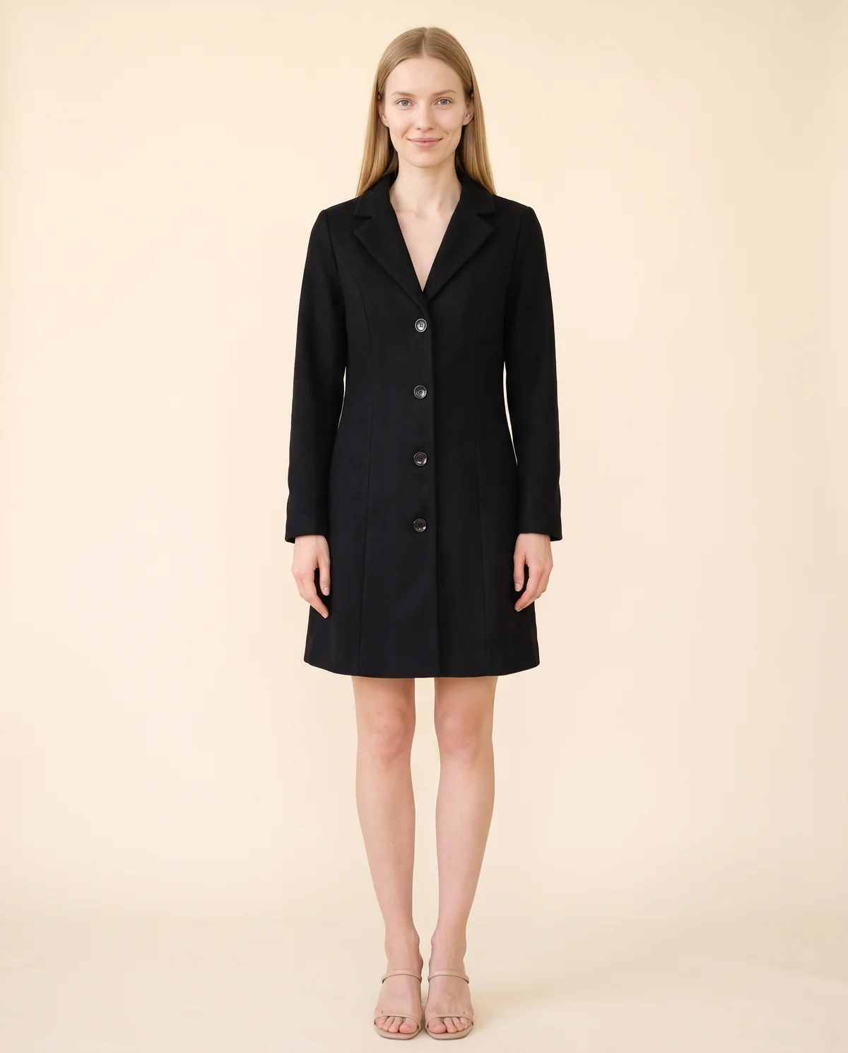 Fitted Single-Breasted Wool-Look Coat in Black, front view, worn by Maya