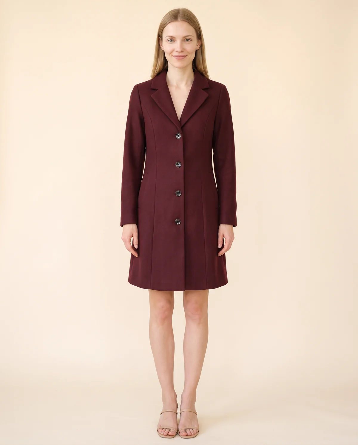 Fitted Single-Breasted Wool-Look Coat in Burgundy, front view, worn by Maya