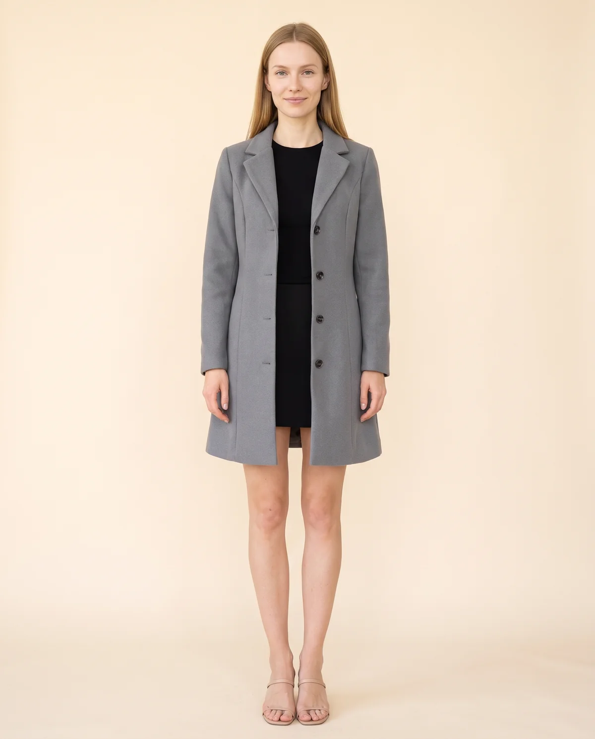 Fitted Single-Breasted Wool-Look Coat in Grey, front view, worn by Maya