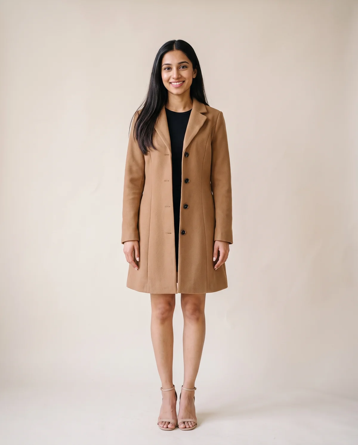 Fitted Single-Breasted Wool-Look Coat in Camel, front view, worn by Priya