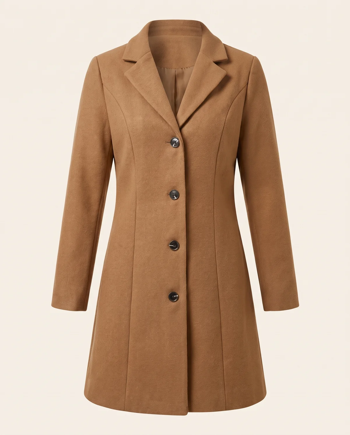 Fitted Single-Breasted Wool-Look Coat in Camel, product shot on a plain background