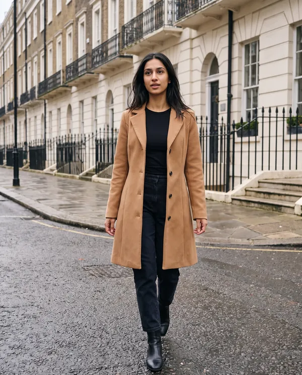 Satin Eve styling: Fitted Single-Breasted Wool-Look Coat
