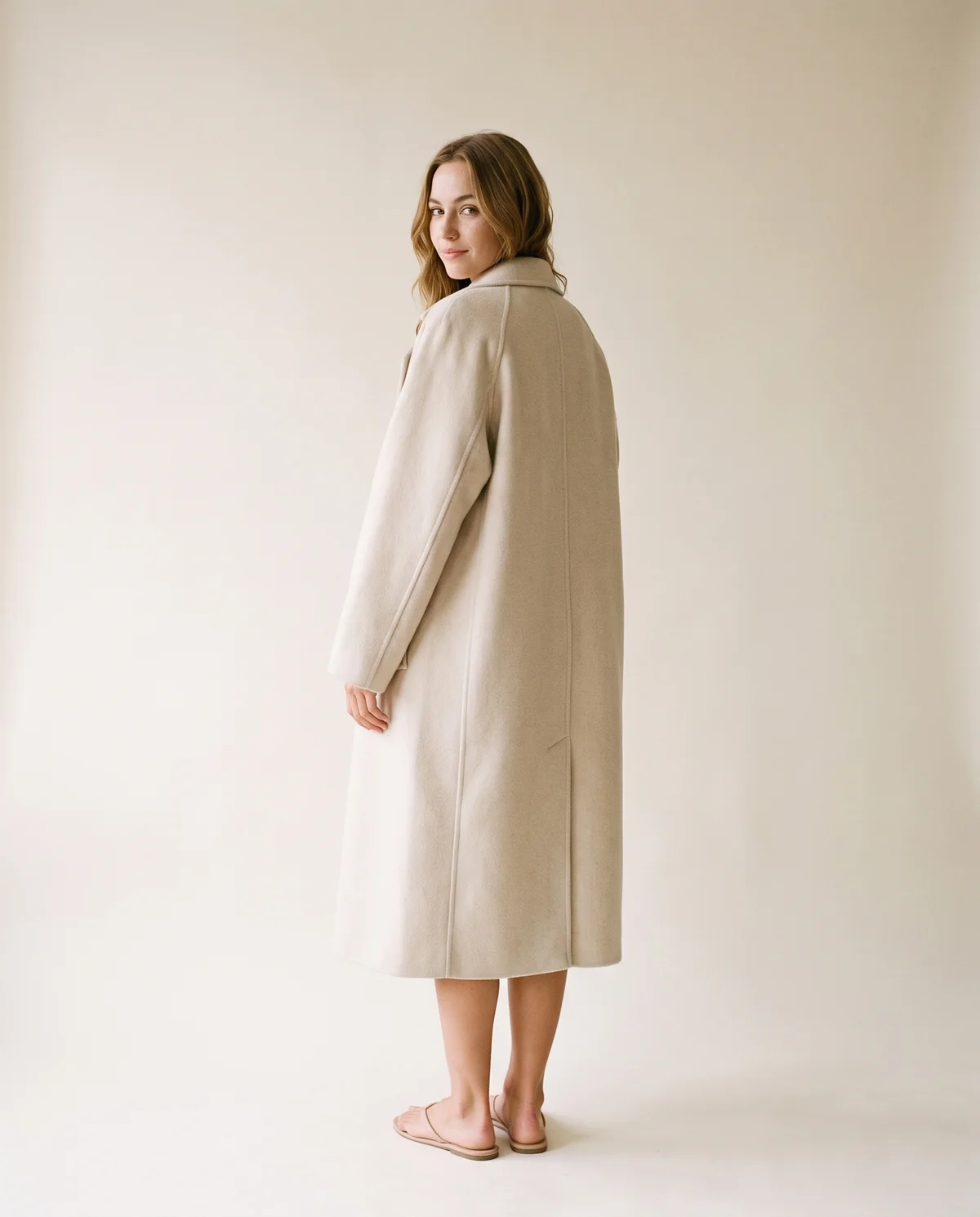 Oversized Cream Wool-Look Coat in Cream, back view, worn by Ava