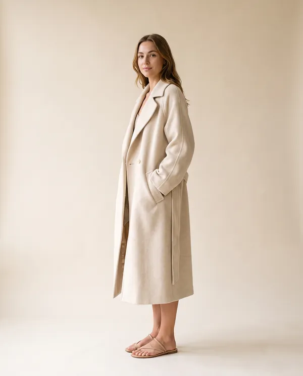 Oversized Cream Wool-Look Coat in Cream, side view, worn by Ava