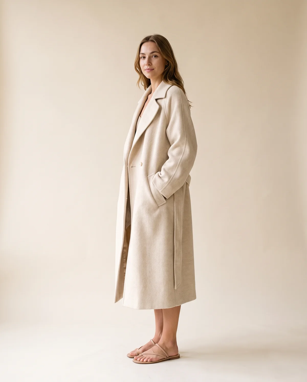 Oversized Cream Wool-Look Coat in Cream, side view, worn by Ava