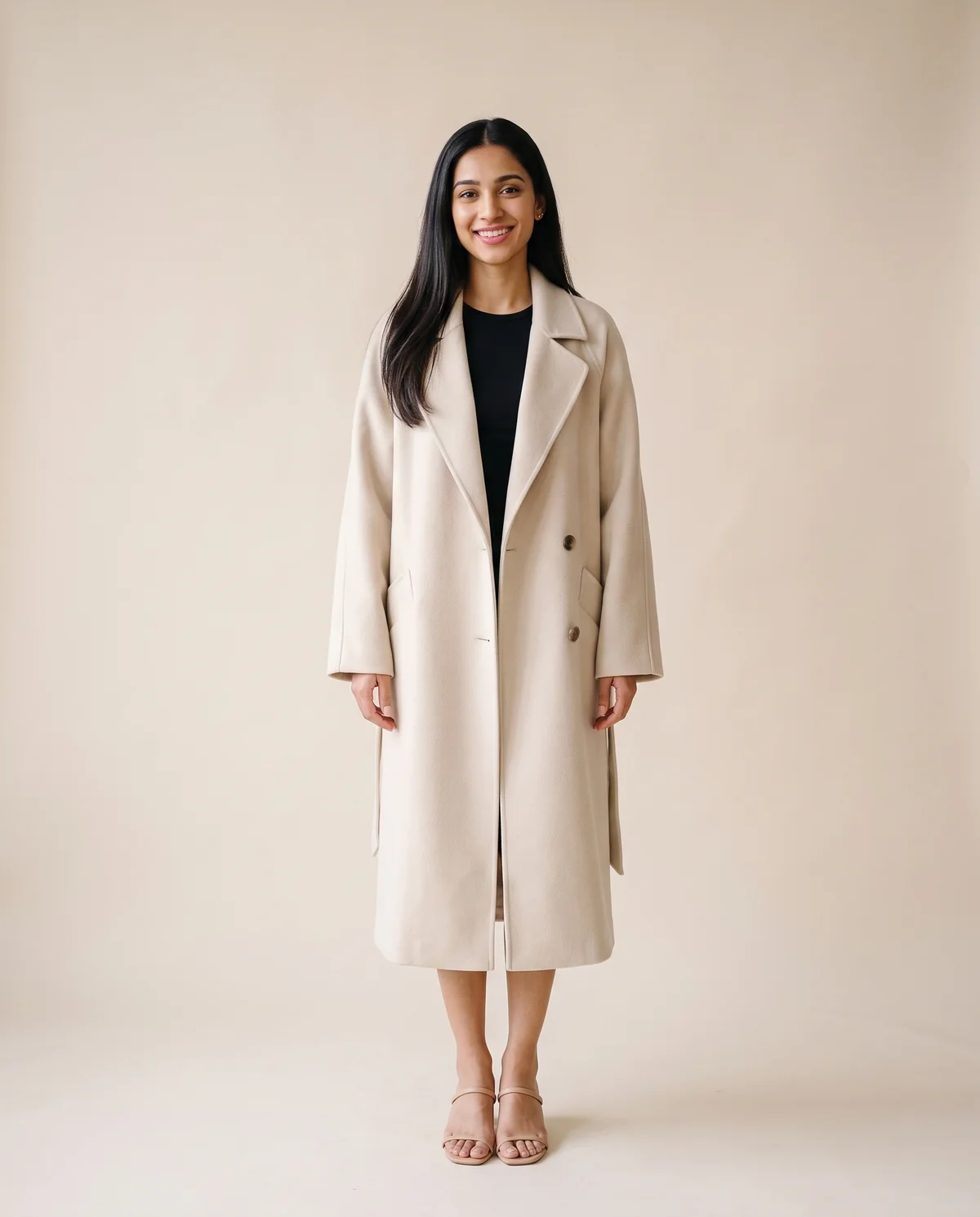 Oversized Cream Wool-Look Coat in Cream, front view, worn by Priya