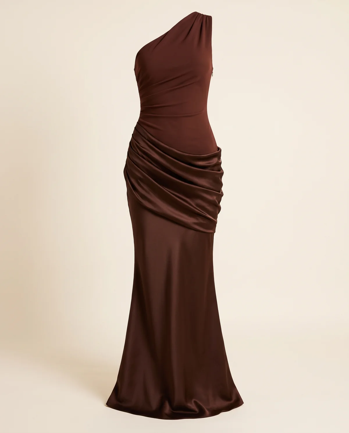 One-Shoulder Draped Satin Maxi Dress in Chocolate, product shot on a plain background