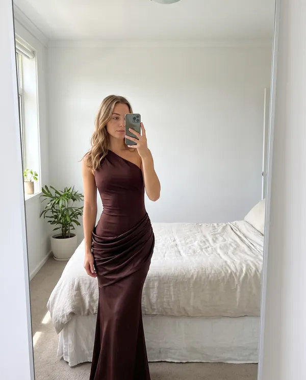 Satin Eve styling: One-Shoulder Draped Satin Maxi Dress