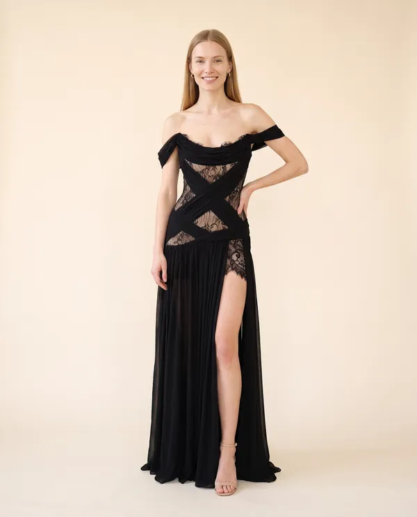 Off-Shoulder Lace Cut-Out Chiffon Maxi Dress in Black, front view, worn by Maya