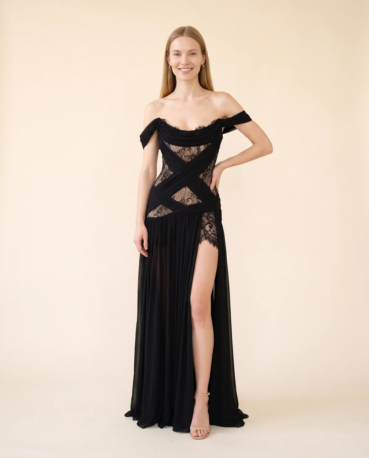 Off-Shoulder Lace Cut-Out Chiffon Maxi Dress in Black, front view, worn by Maya