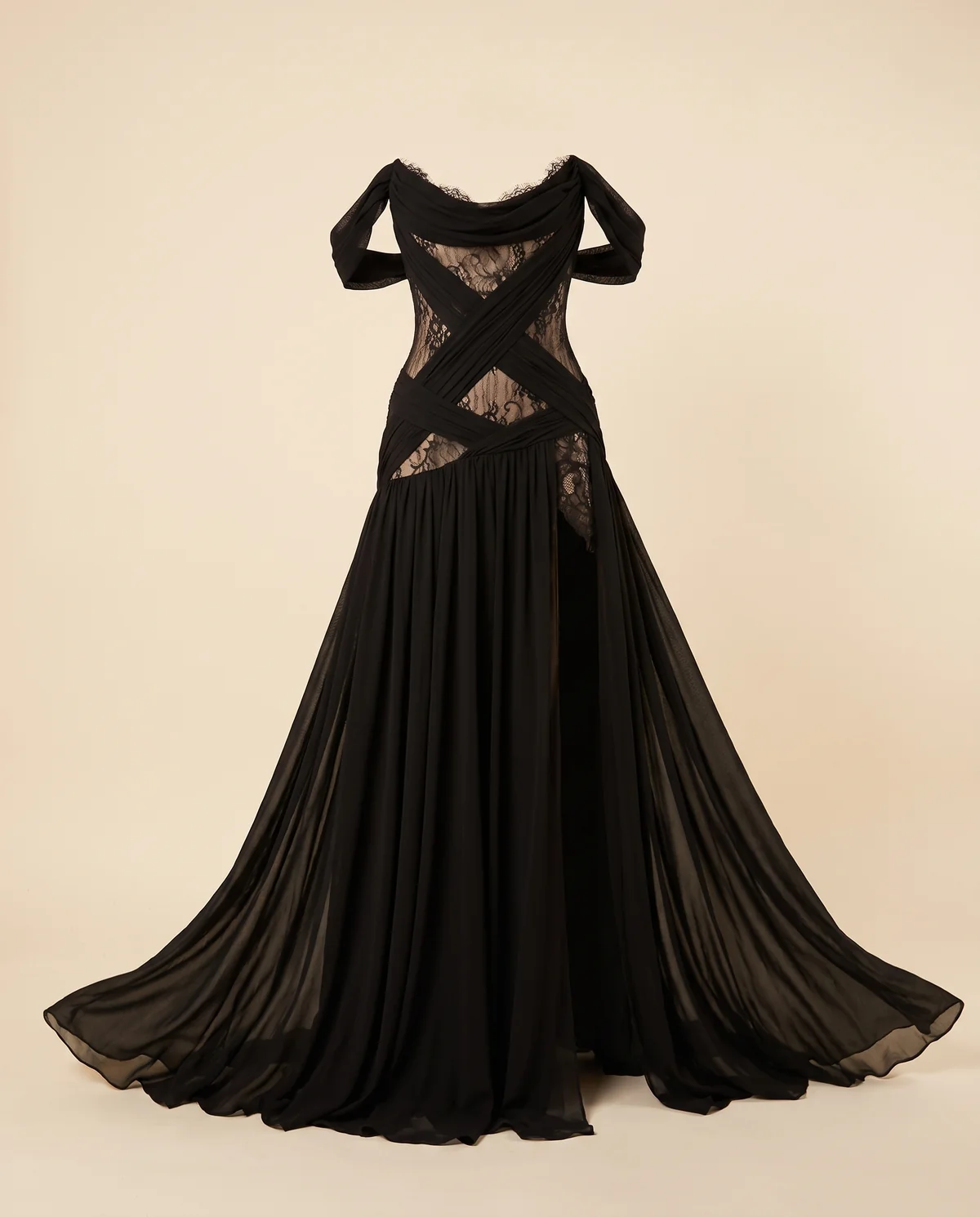 Off-Shoulder Lace Cut-Out Chiffon Maxi Dress in Black, product shot on a plain background
