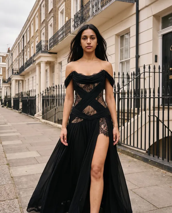 Satin Eve styling: Off-Shoulder Lace Cut-Out Chiffon Maxi Dress