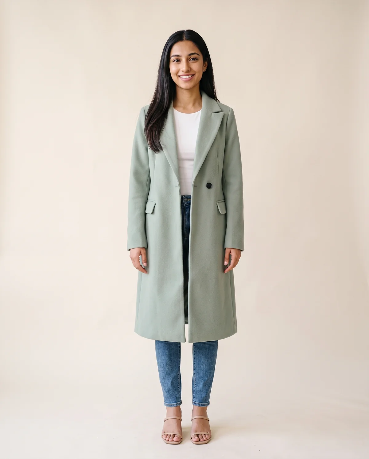 Sage Green Wool-Look Coat in Sage, front view, worn by Priya