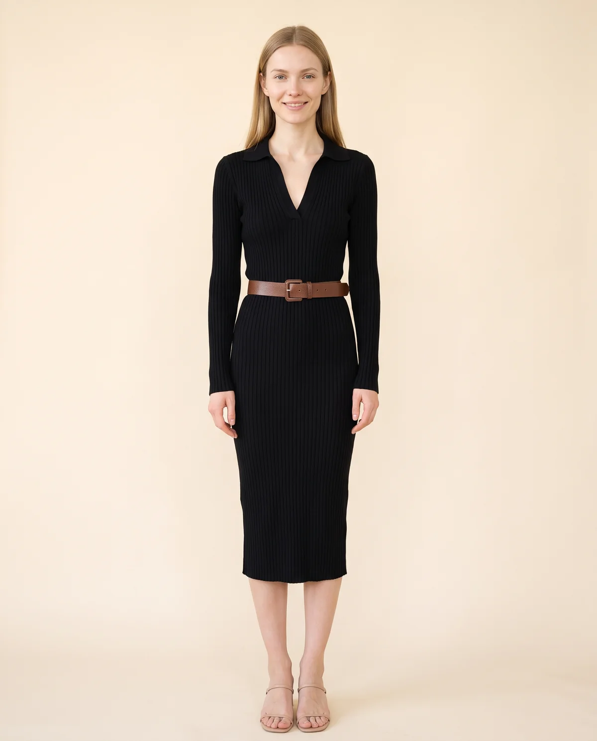 Ribbed Polo-Collar Knit Midi Dress with Belt in Black, front view, worn by Maya