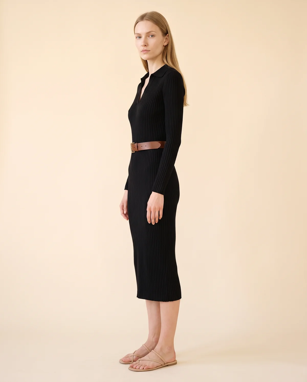 Ribbed Polo-Collar Knit Midi Dress with Belt in Black, side view, worn by Maya