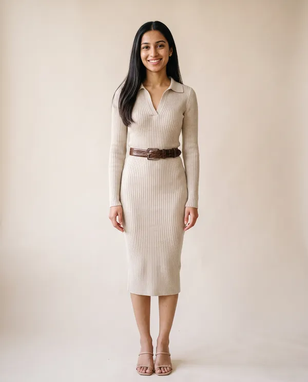 Ribbed Polo-Collar Knit Midi Dress with Belt in Oatmeal, front view, worn by Priya