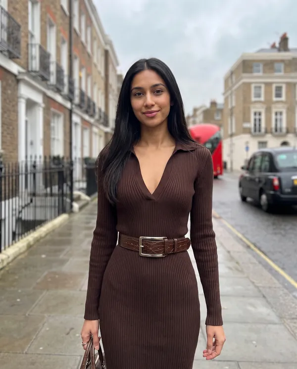 Satin Eve styling: Ribbed Polo-Collar Knit Midi Dress with Belt