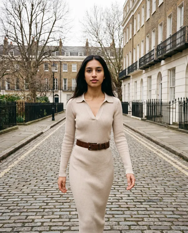 Satin Eve styling: Ribbed Polo-Collar Knit Midi Dress with Belt