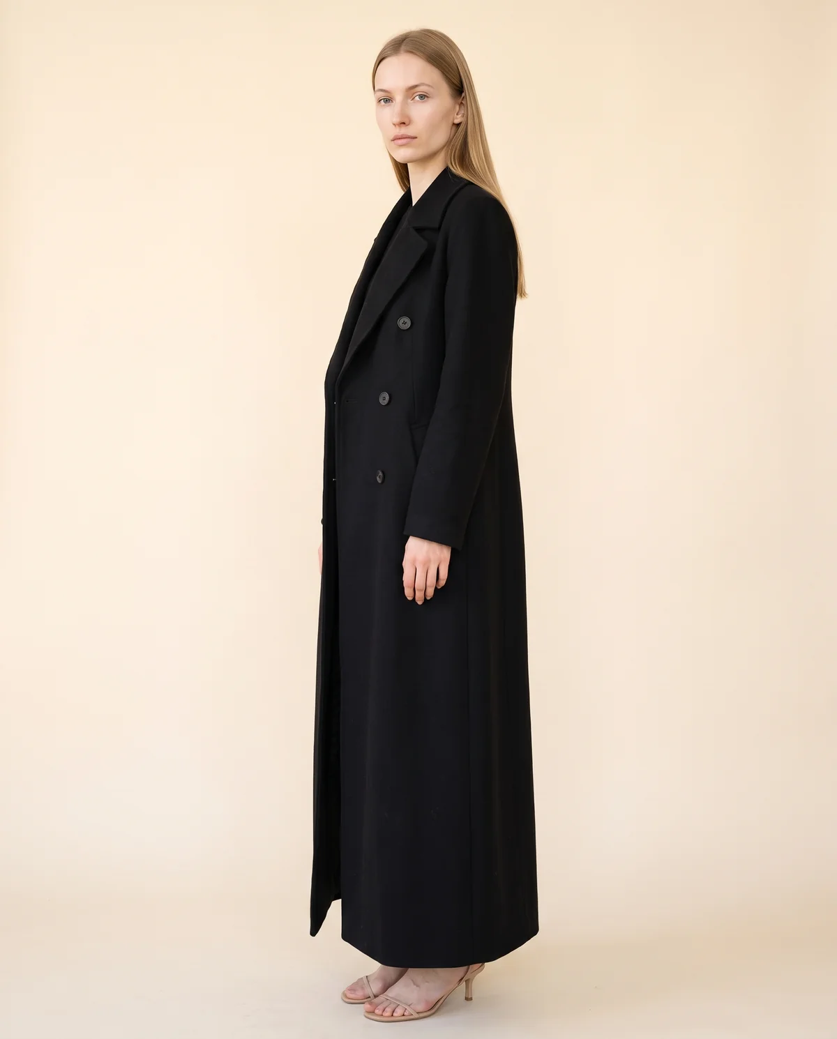 Long Red Double-Breasted Wool-Look Coat in Black, side view, worn by Maya