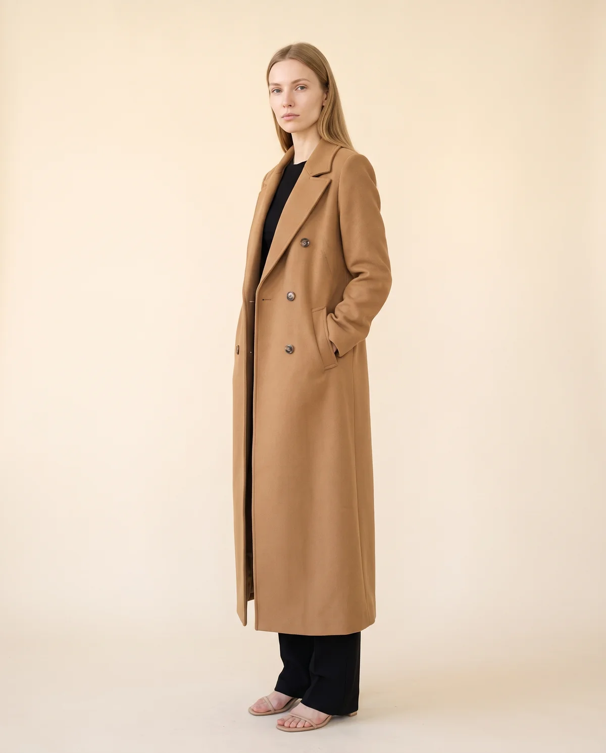 Long Red Double-Breasted Wool-Look Coat in Camel, side view, worn by Maya