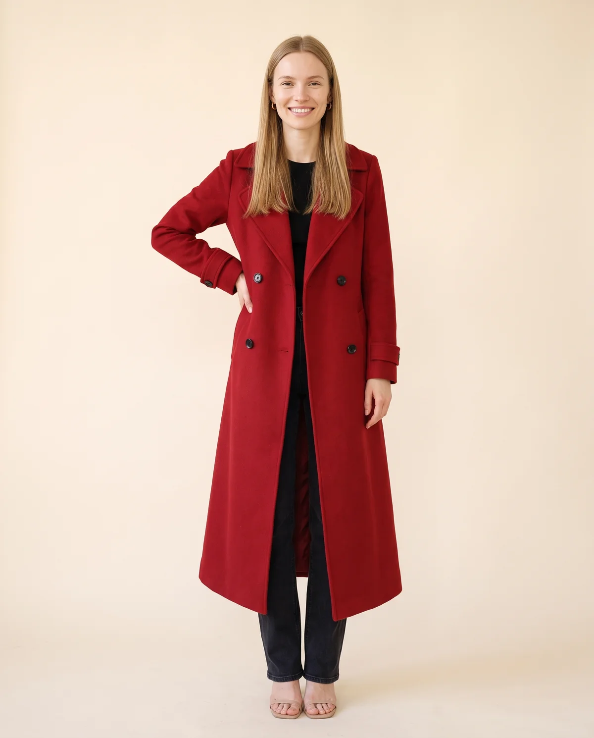 Long Red Double-Breasted Wool-Look Coat in Red, front view, worn by Maya