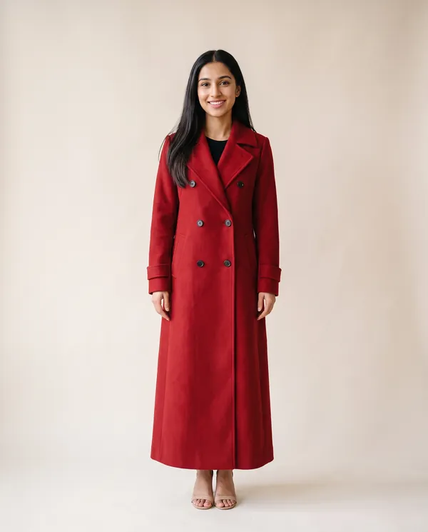 Long Red Double-Breasted Wool-Look Coat in Red, front view, worn by Priya