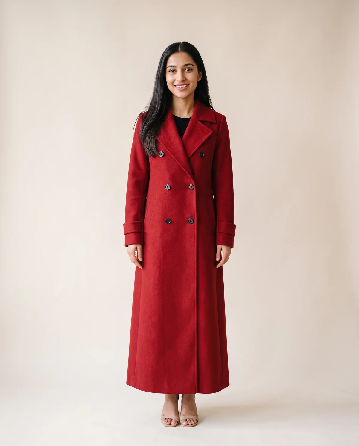 Long Red Double-Breasted Wool-Look Coat in Red, front view, worn by Priya
