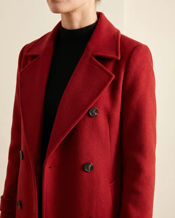Long Red Double-Breasted Wool-Look Coat in Red, close-up of the detail