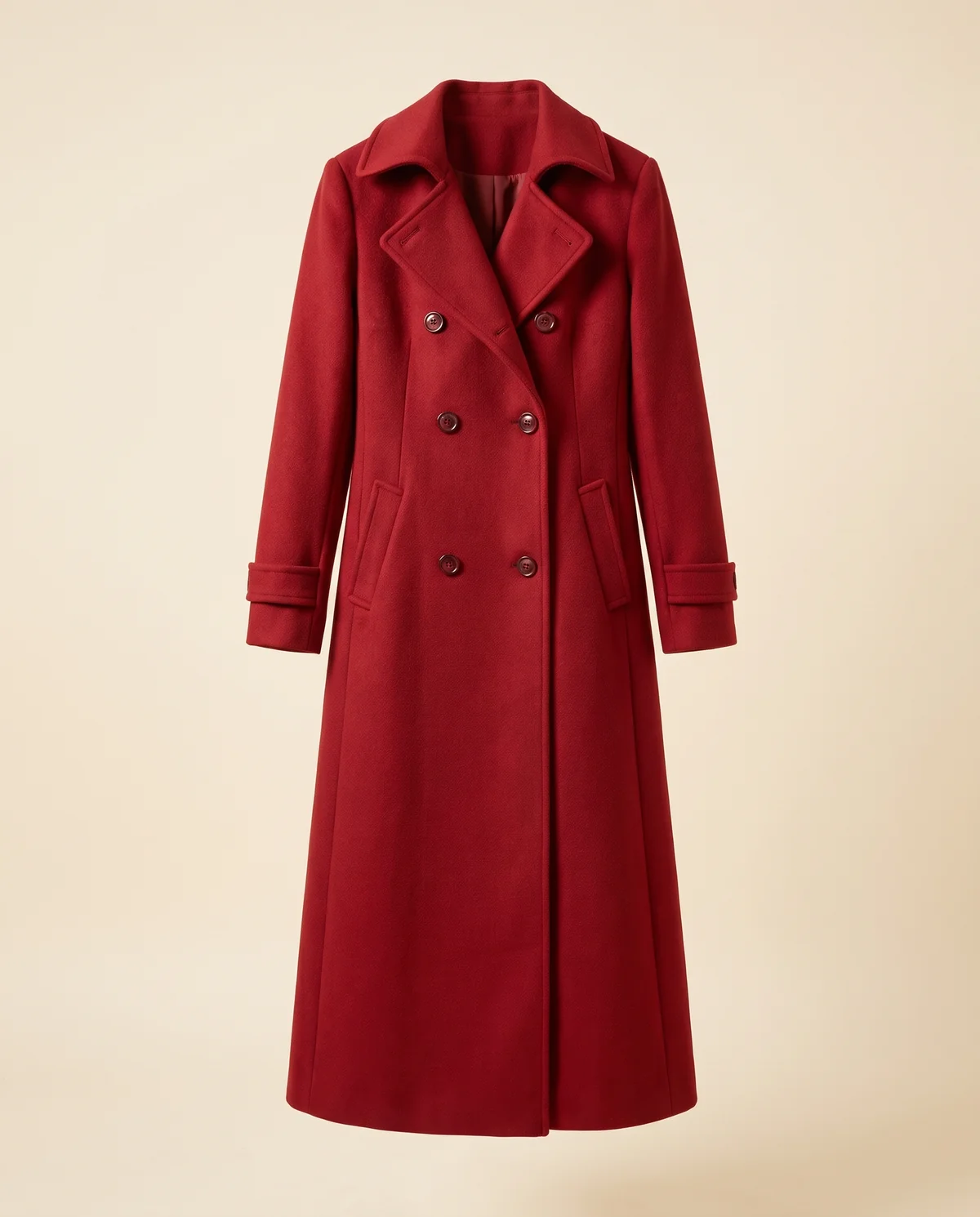 Long Red Double-Breasted Wool-Look Coat in Red, product shot on a plain background