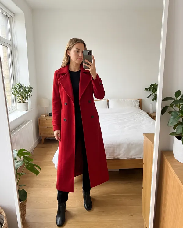 Satin Eve styling: Long Red Double-Breasted Wool-Look Coat