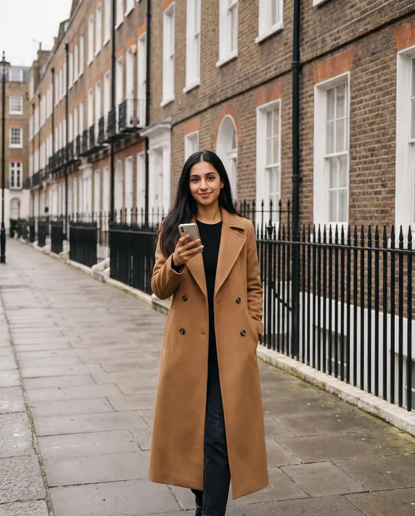Satin Eve styling: Long Red Double-Breasted Wool-Look Coat