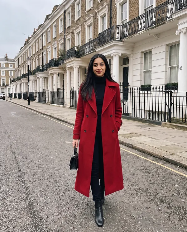 Satin Eve styling: Long Red Double-Breasted Wool-Look Coat