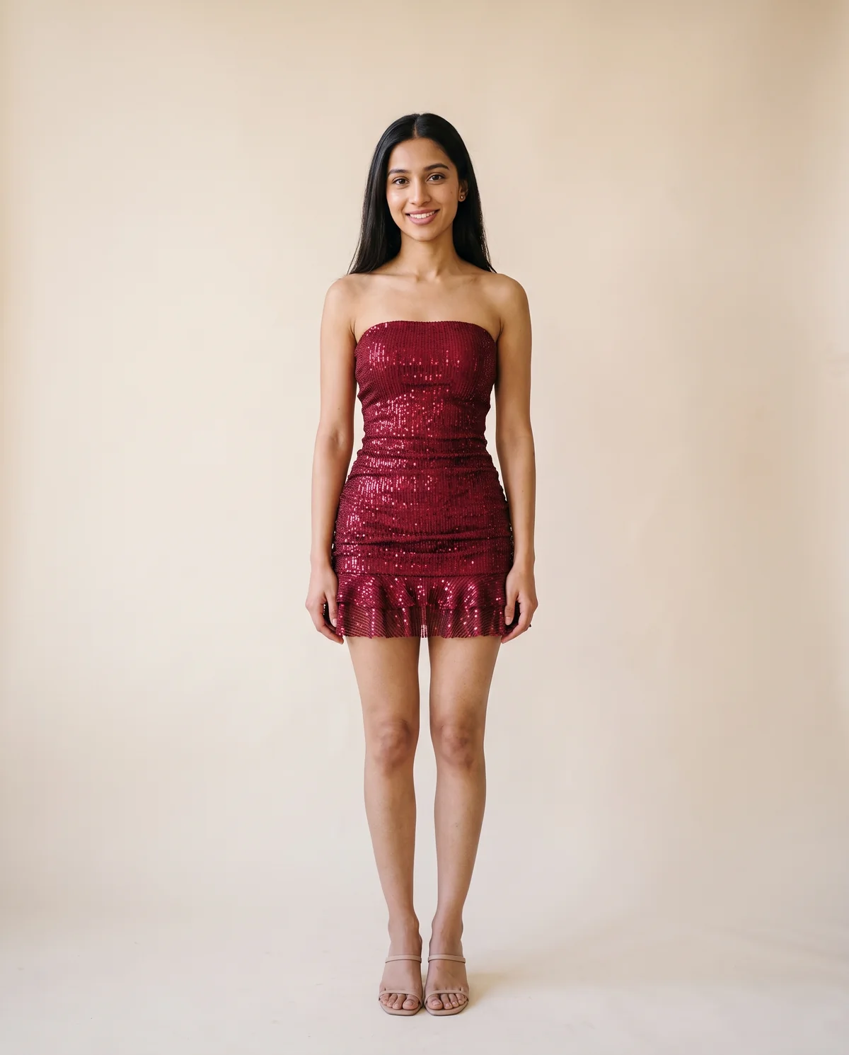 Strapless Sequin Ruffle-Hem Mini Dress in Red, front view, worn by Priya