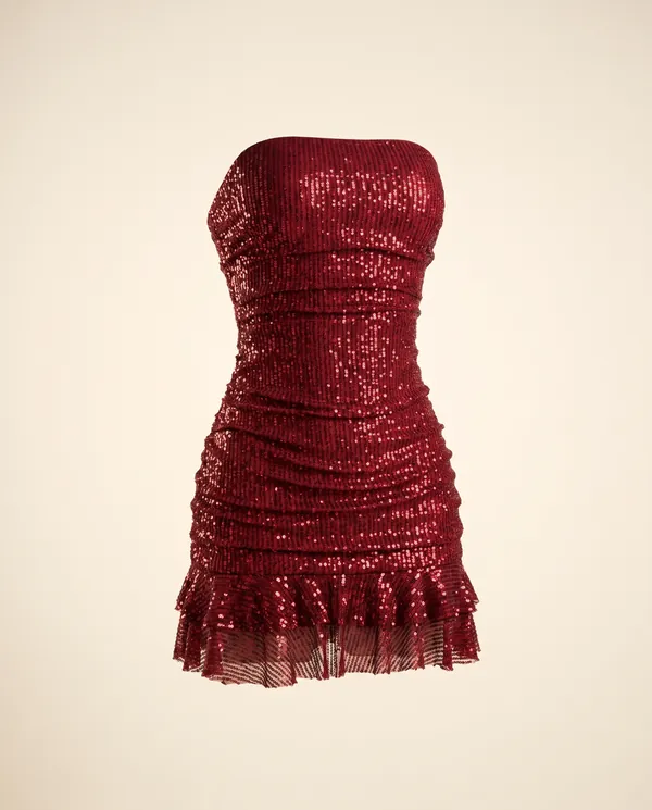 Strapless Sequin Ruffle-Hem Mini Dress in Red, product shot on a plain background