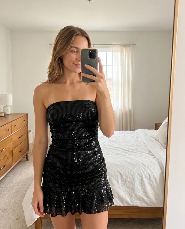 Satin Eve styling: Strapless Sequin Ruffle-Hem Mini Dress