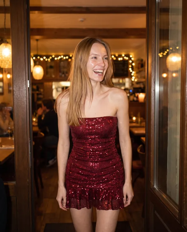 Satin Eve styling: Strapless Sequin Ruffle-Hem Mini Dress