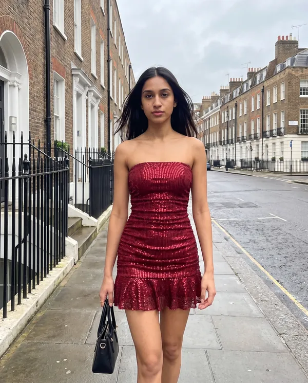 Satin Eve styling: Strapless Sequin Ruffle-Hem Mini Dress