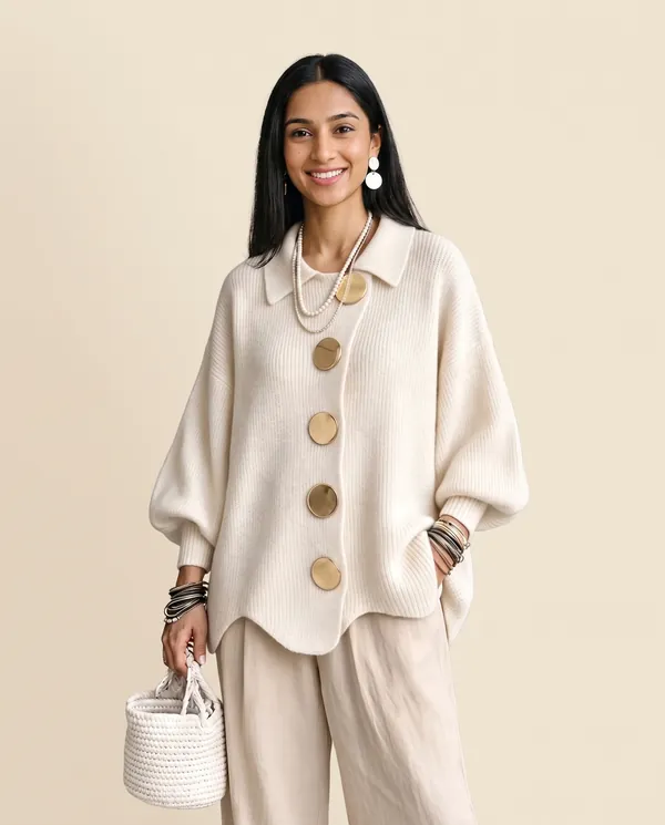 Collared Cardigan with Gold Buttons in Cream, front view, worn by Priya
